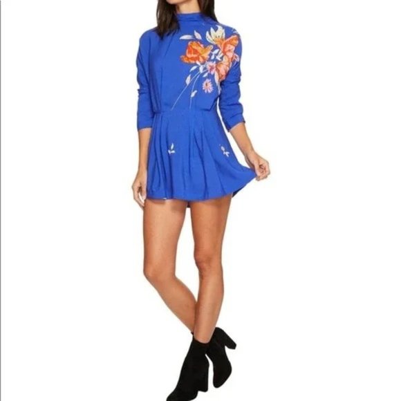 FREE PEOPLE Blue Floral Gemma Long Sleeve Tunic Mini Dress SMALL High Neck - Picture 3 of 7